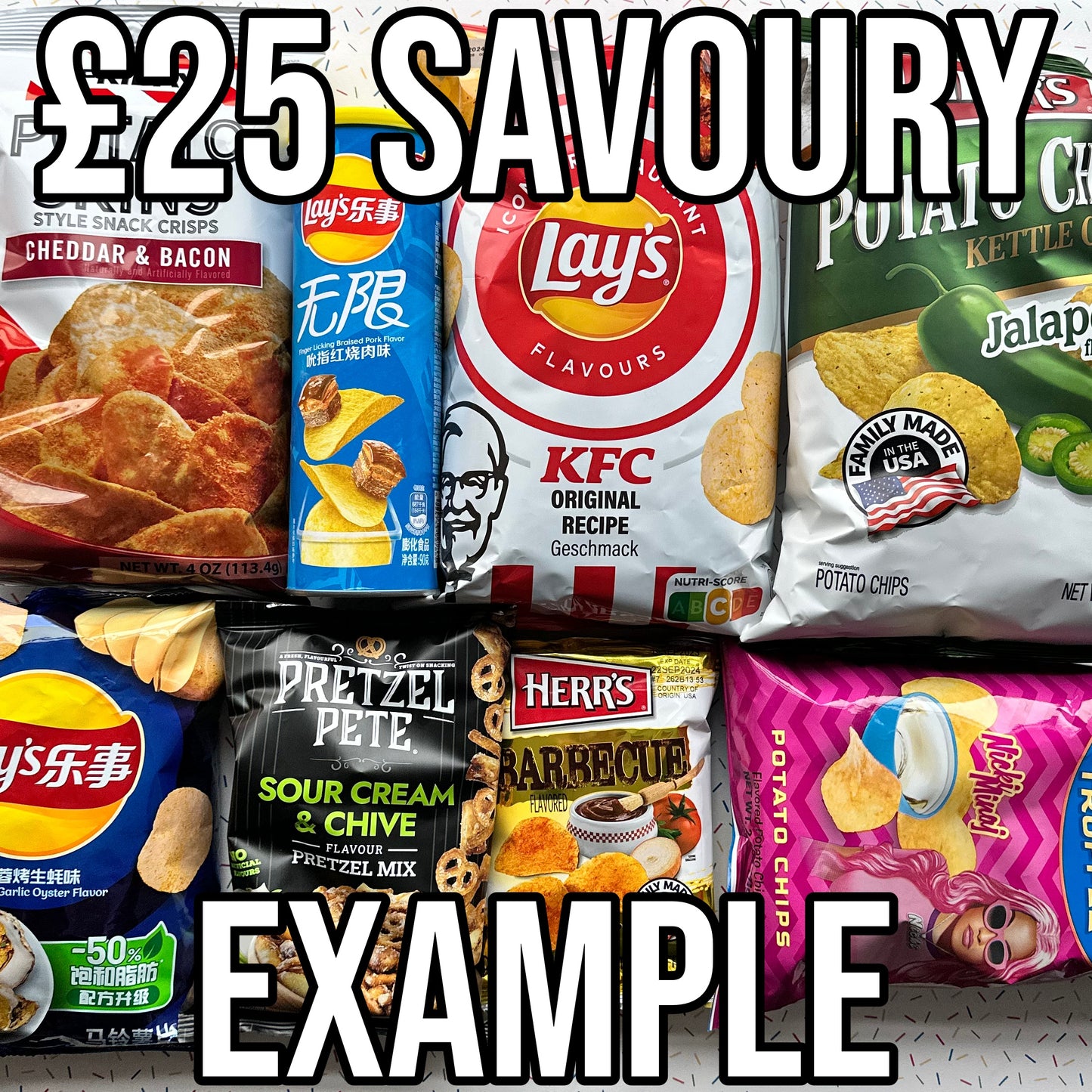 £25 randalls savoury bundle, crisps, chips, crackers, cheese puffs, tortilla chips, corn, herrs cheestix, takis fuego, herrs honey cheese, lays barbecue, bbq, combos stuffed pretzels, jalapeno, cheez-its, cheetos, flamin hot, tgifridays, huligan, pizza, hot, spicy