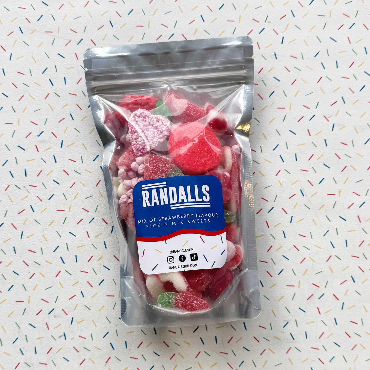 randallsuk, mix of strawberry flavour pick n mix sweets, strawberry, strawberry sweets, strawberry pick n mix, strawberry pick and mix, pick n mix pouch, pick and mix pouch, 250g pouch, british pick n mix, british pick and mix