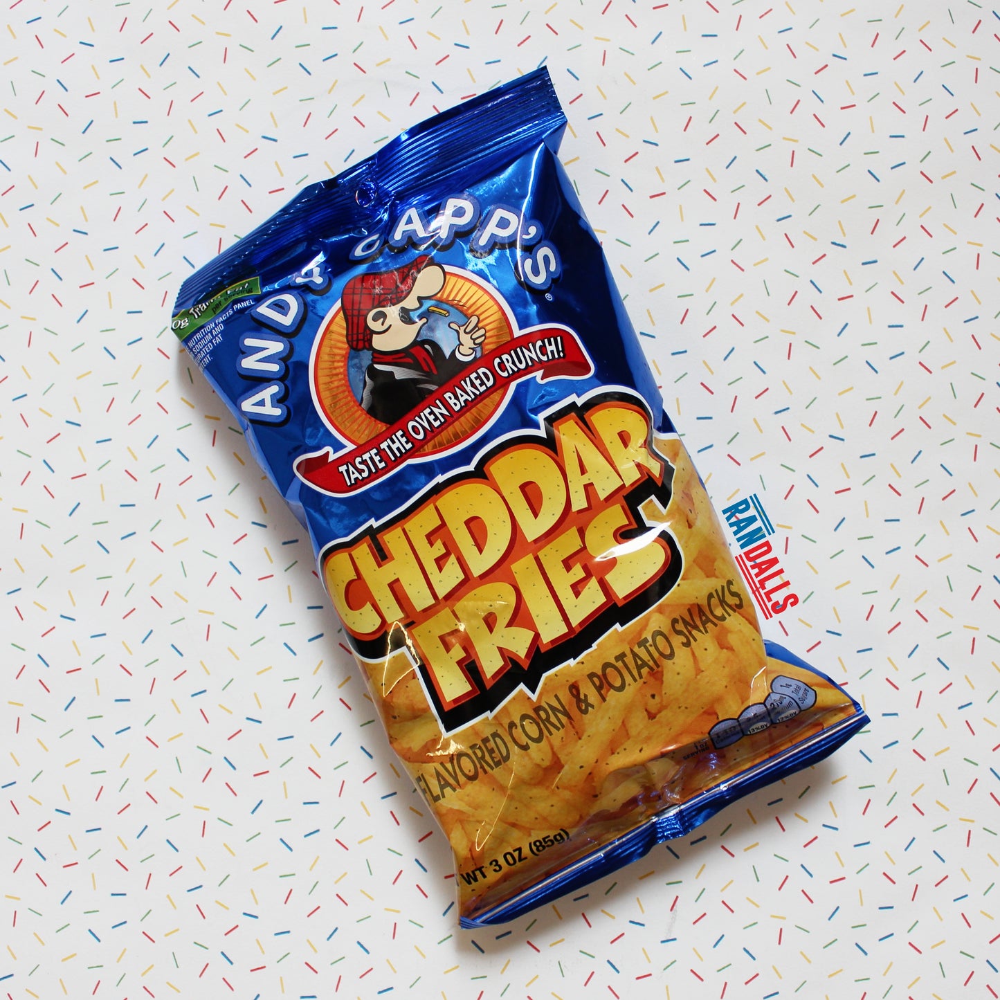 andy capps cheddar fries, corn and potato snack, crisps, chips, cheese