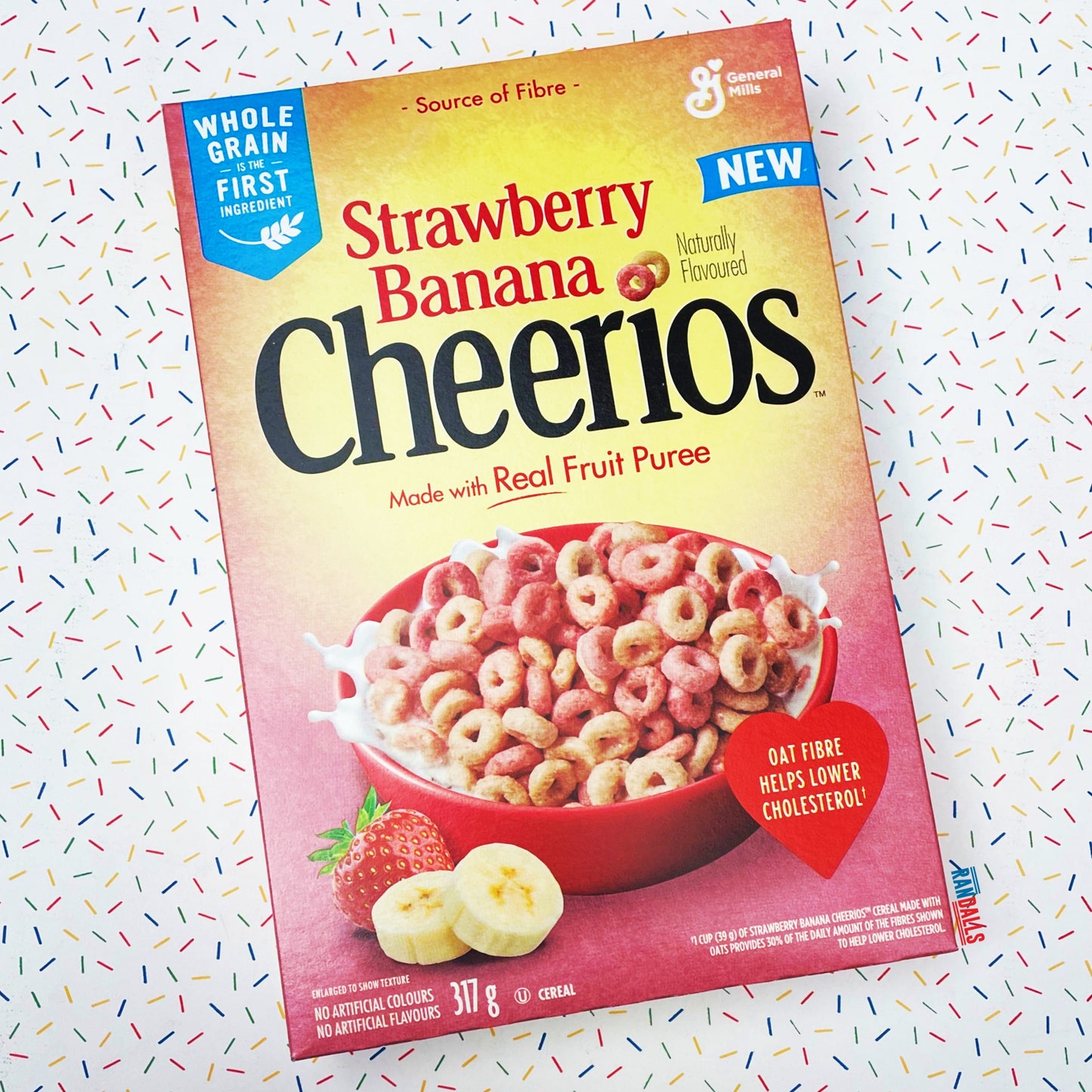 cheerios strawberry banana cereal, canada, breakfast, real fruit puree, wholegrain oats, fibre, canada, canadian, randalls