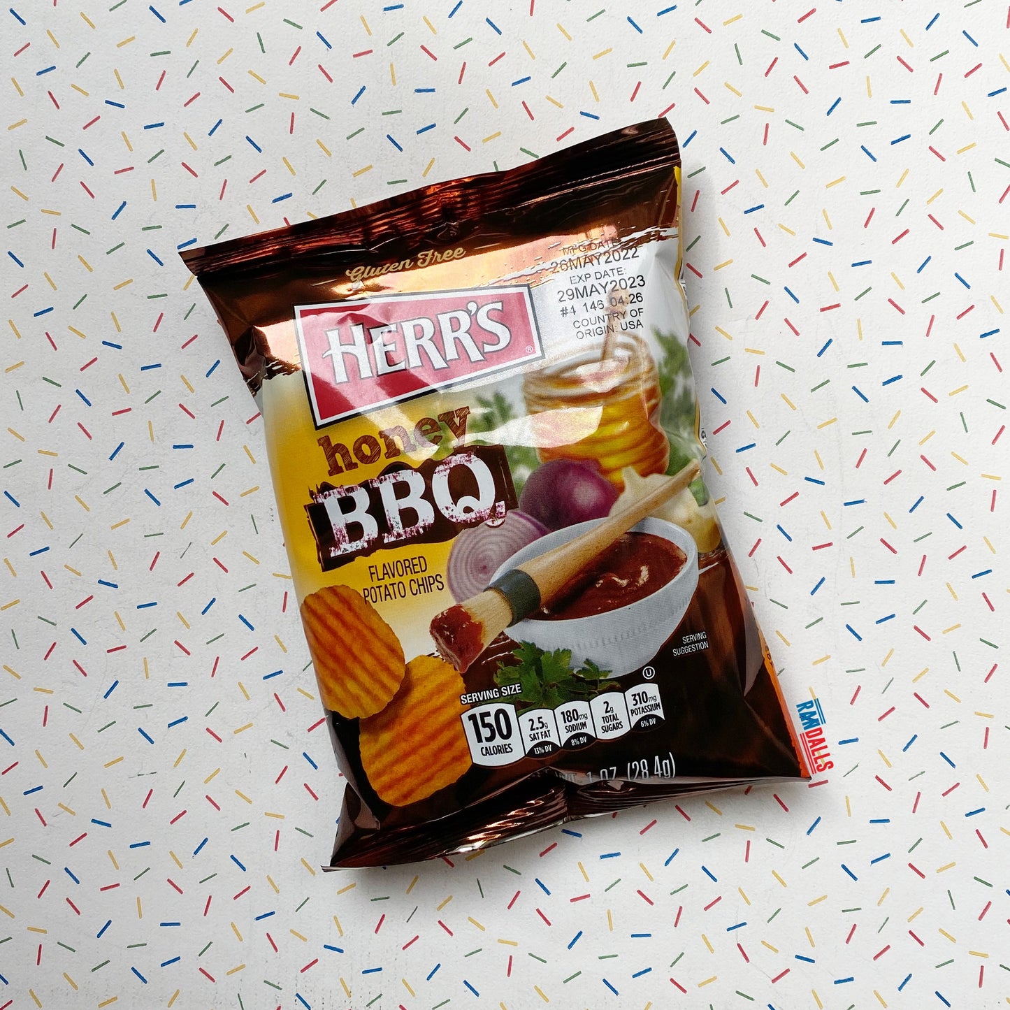 herr's, herrs, honey bbq, barbecue, barbeque, chips, crisps, potato chips, ridged crisps, randalls