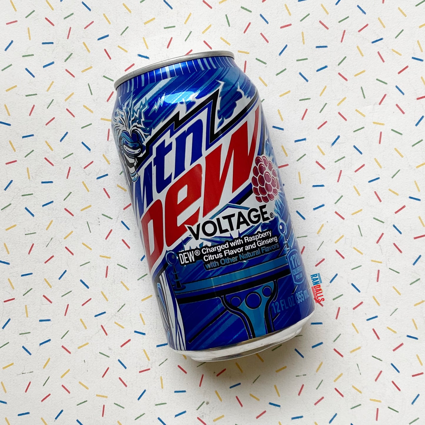 mtn dew voltage, raspberry, citrus, ginseng, soda, pop, drink, fizzy, can, usa, randalls