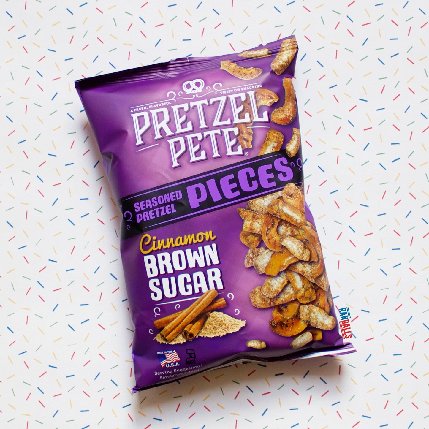 pretzel pete cinnamon brown sugar pretzel pieces, baked, sweet, baked, randalls