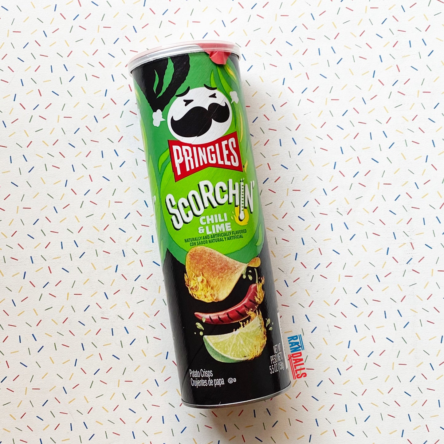 pringles scorchin hot chilli and lime, spicy, heat, potato chips, crisps, tube, canada, randalls