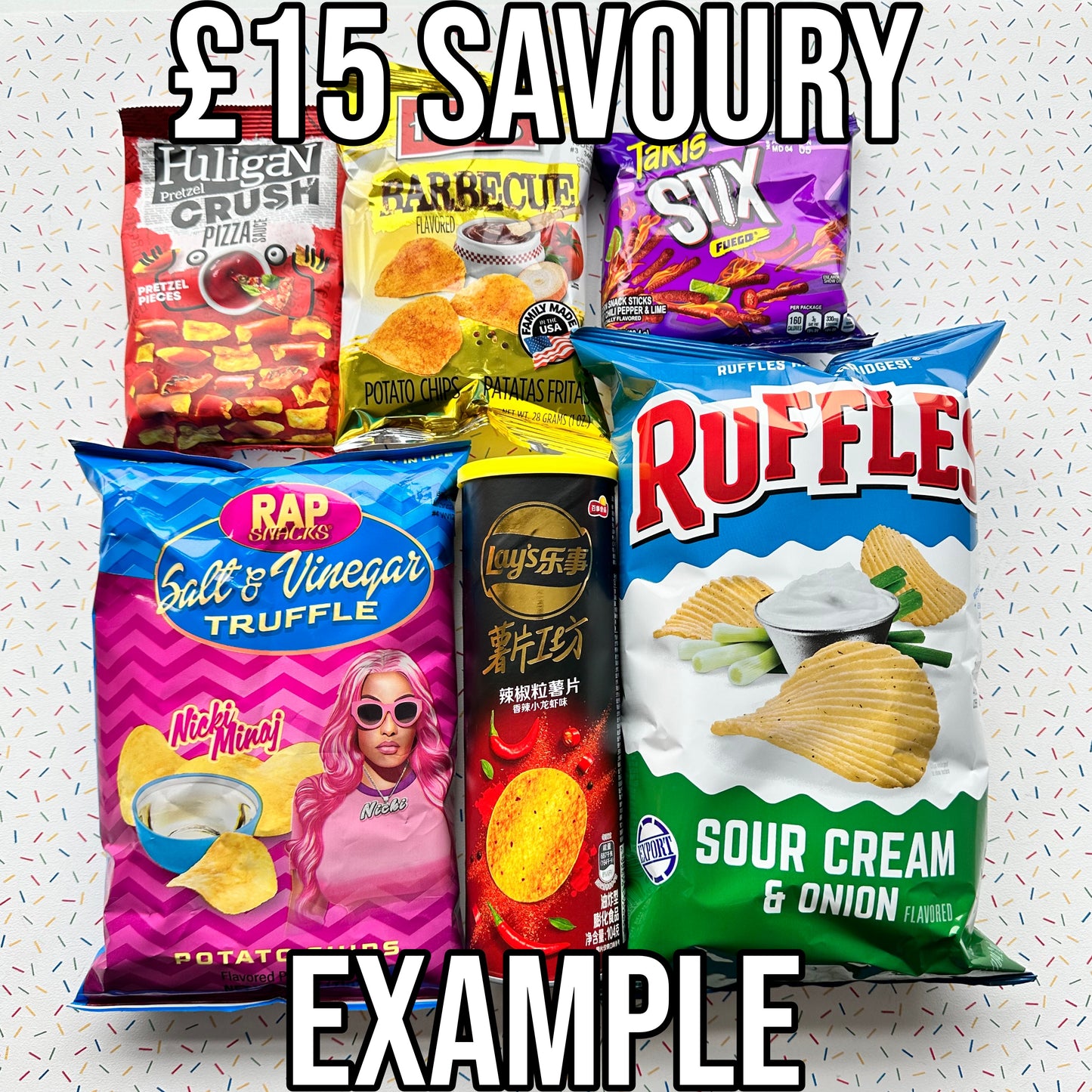 £15 randalls savoury bundle, crisps, chips, crackers, cheese puffs, tortilla chips, corn, herrs cheestix, takis fuego, herrs honey cheese, lays barbecue, bbq, combos stuffed pretzels, jalapeno, cheez-its, cheetos, flamin hot, tgifridays, huligan, pizza, hot, spicy
