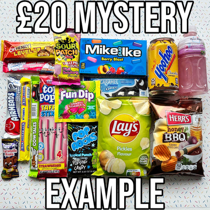 £20 mystery bundle, candy, sweets, chocolate, lollipop, soda, pop, drink, fizzy, crisps, chips, cheese puffs, gift, giftbox, cheetos, sour patch kids, blue raspberry, cookie dough, mike and ike, cherry, m&ms, white chocolate, jolly ranchers, cow tales, brownie, nerds, 3 musketeers, herrs, jalapeno, baby ruth, milkybar choo