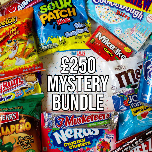 £250 mystery bundle, candy, sweets, chocolate, lollipop, soda, pop, drink, fizzy, crisps, chips, cheese puffs, gift, giftbox, cheetos, sour patch kids, blue raspberry, cookie dough, mike and ike, cherry, m&ms, white chocolate, jolly ranchers, cow tales, brownie, nerds, 3 musketeers, herrs, jalapeno, baby ruth, milkybar choo, fanta, cheez-it, krabby patties, airheads