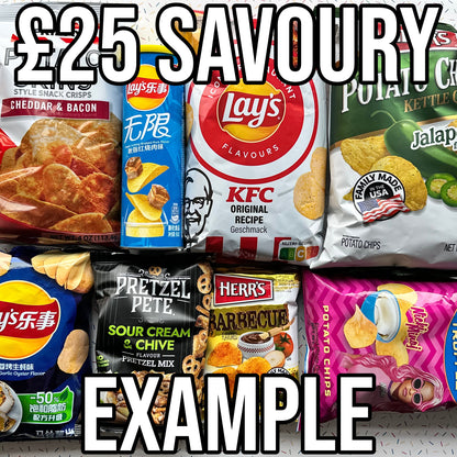 £25 randalls savoury bundle, crisps, chips, crackers, cheese puffs, tortilla chips, corn, herrs cheestix, takis fuego, herrs honey cheese, lays barbecue, bbq, combos stuffed pretzels, jalapeno, cheez-its, cheetos, flamin hot, tgifridays, huligan, pizza, hot, spicy