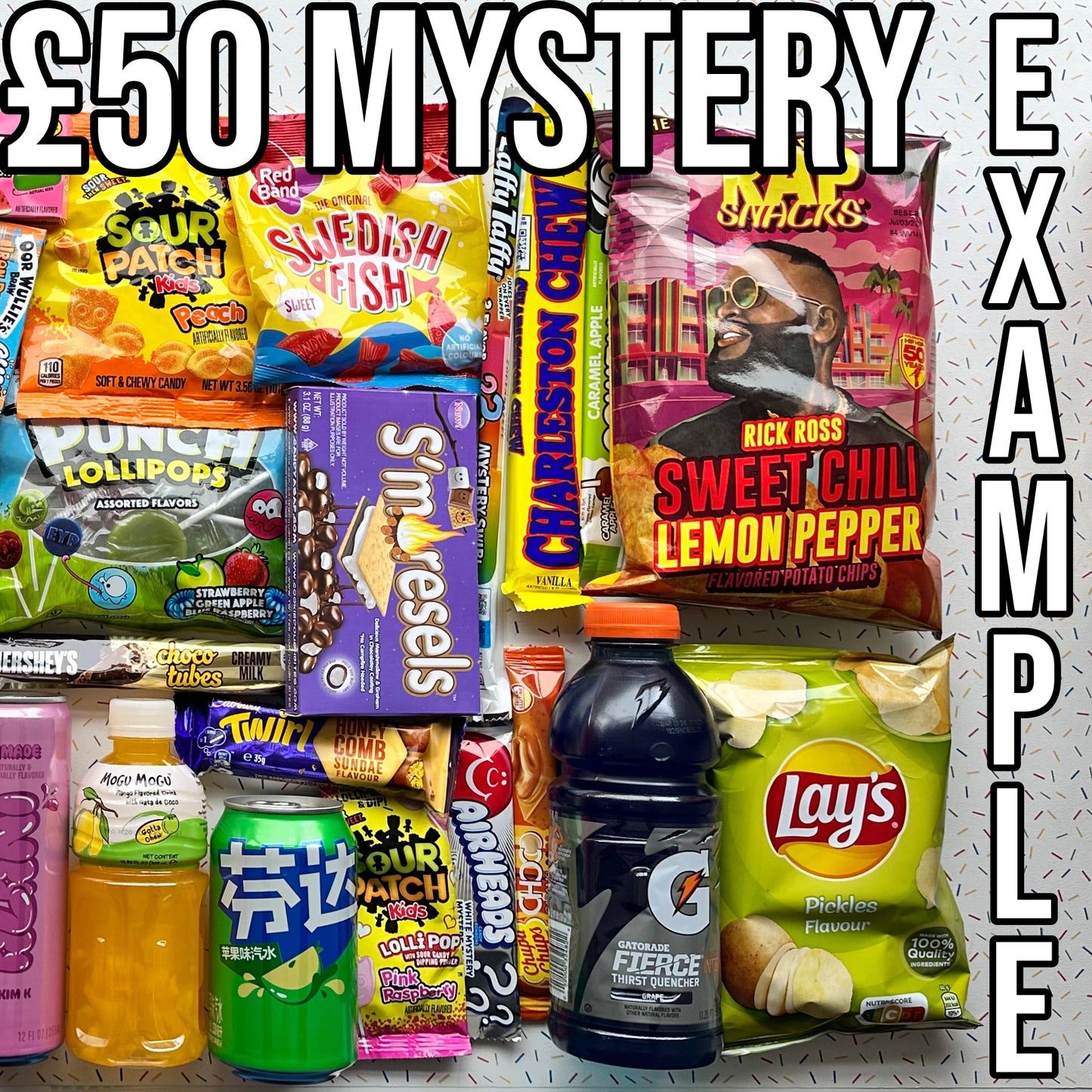£50 mystery bundle, candy, sweets, chocolate, lollipop, soda, pop, drink, fizzy, crisps, chips, cheese puffs, gift, giftbox, cheetos, sour patch kids, blue raspberry, cookie dough, mike and ike, cherry, m&ms, white chocolate, jolly ranchers, cow tales, brownie, nerds, 3 musketeers, herrs, jalapeno, baby ruth, milkybar choo, fanta, cheez-it, krabby patties, airheads