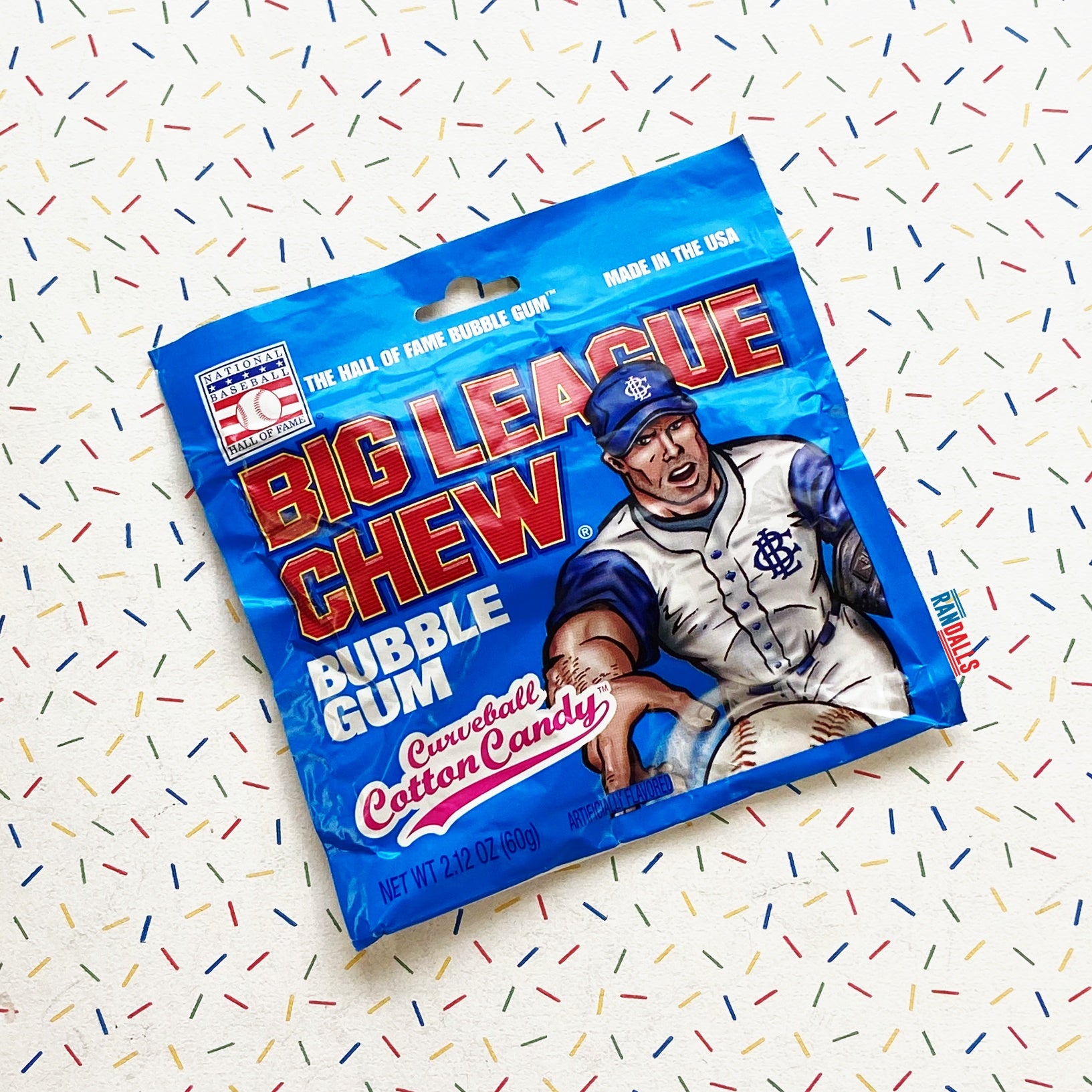 big league chew, bubblegum, chewing gum, national baseball hall of fame, the hall of fame bubble gum, made in the usa, chewing gum, american gum, curveball cotton candy, usa, randalls,