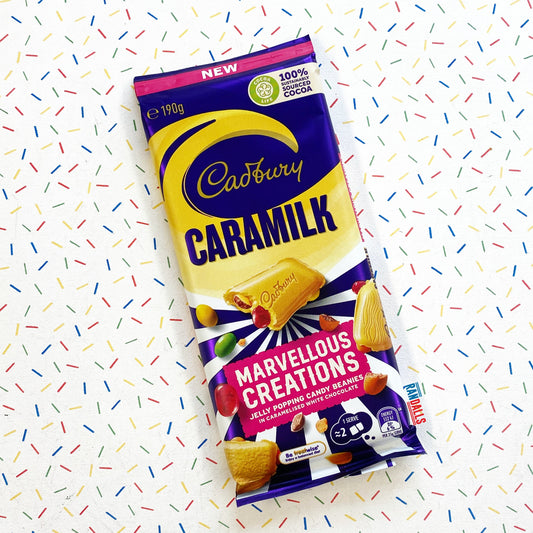 cadbury caramilk marvellous creations chocolate, jelly popping candy beanies, popping candy, australia, caramel, white chocolate, crispy, gummy