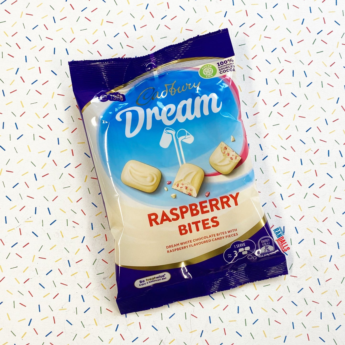 cadbury dream rapsberry bites bag, white chocolate, chocolate, fruit pieces australia