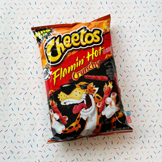 cheetos flamin' hot, flaming hot, cheese puffs, crisps, chips, cheeto, frito, king size, spicy, hot