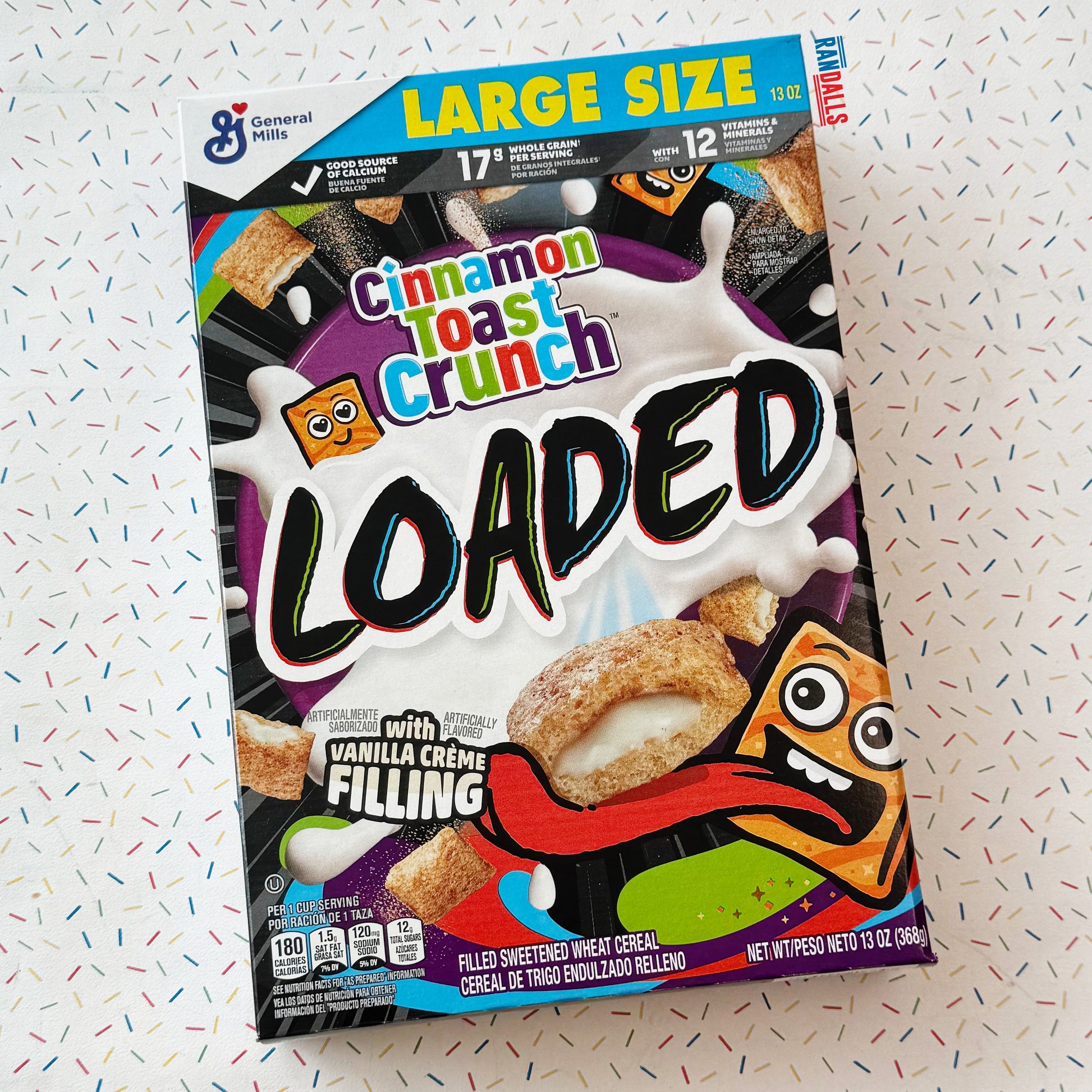 cinnamon toast crunch loaded cereal, american cereal, general mills, vanilla creme filling cinnamon toast crunch, usa, randalls, 