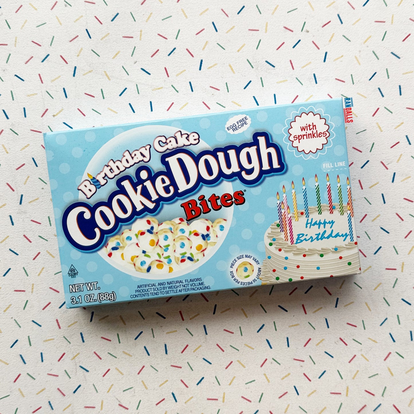 cookie dough bite birthday cake, sprinkles, vanilla, candy, usa, randalls