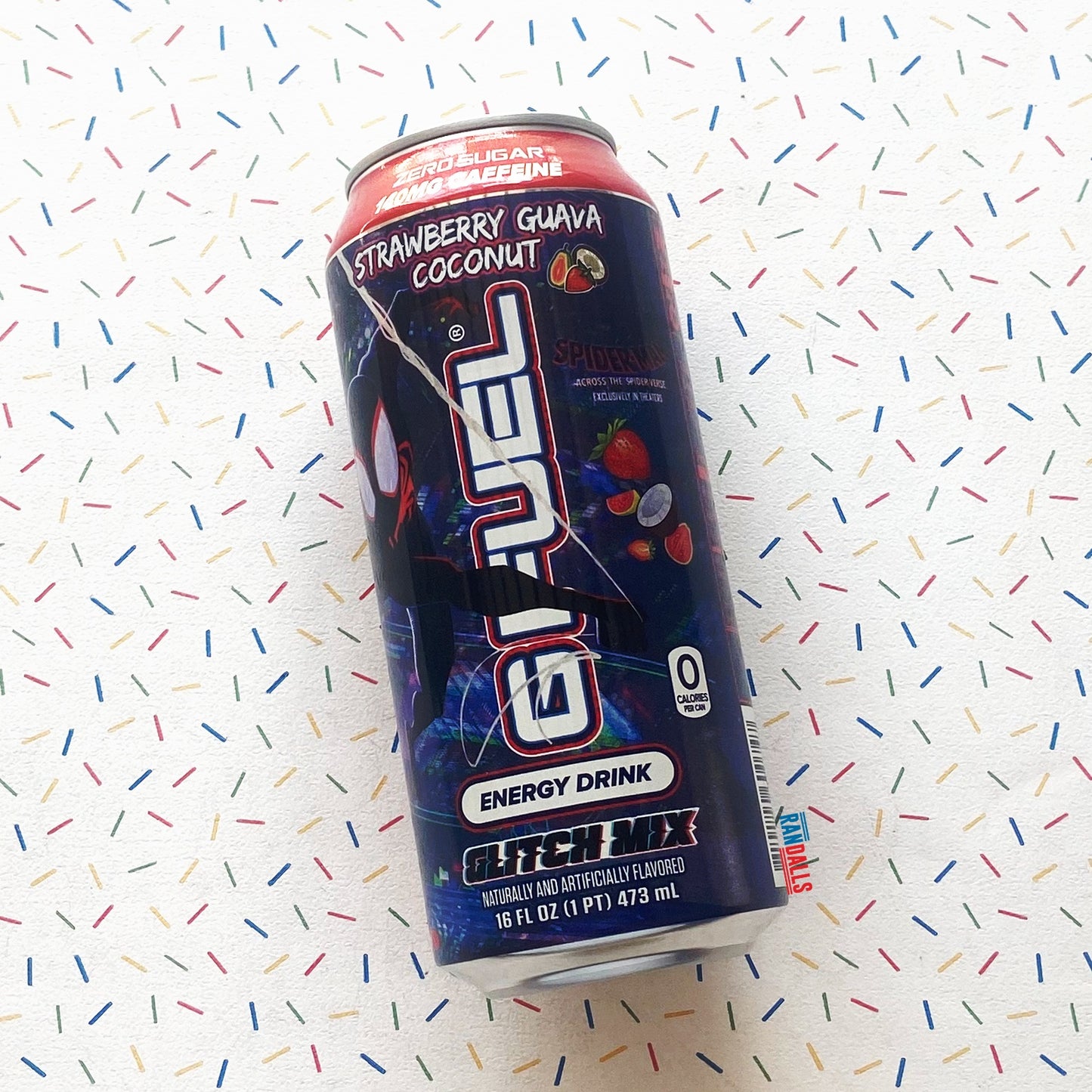 g fuel energy drink, glitch mix spiderverse, spiderman, strawberry guava coconut, energy drink, american energy drink, usa, randalls,