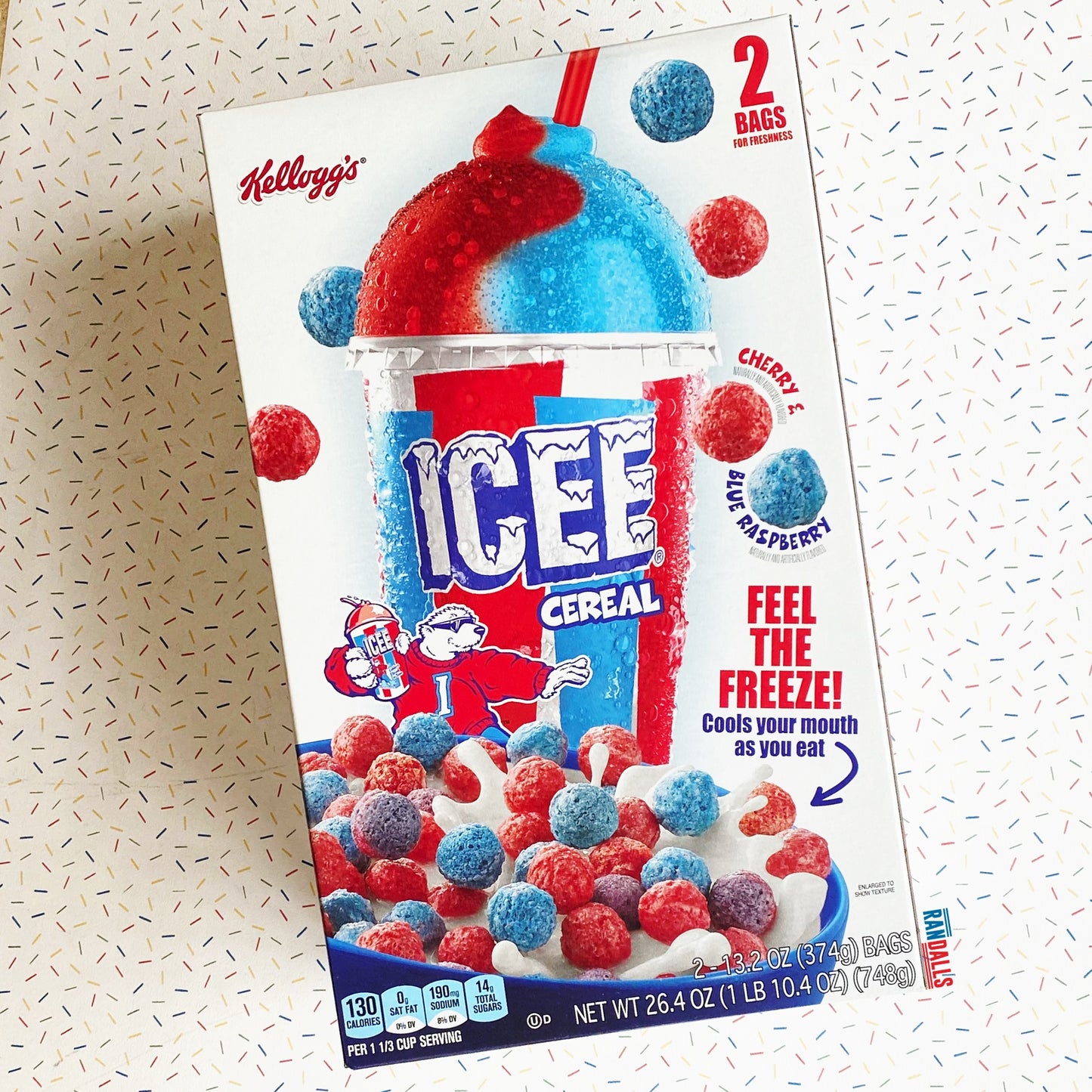 kellogg's icee cereal, cherry and blue raspberry, slurpee, slushee, american cereal, feel the freeze, menthol cereal, usa, randalls,