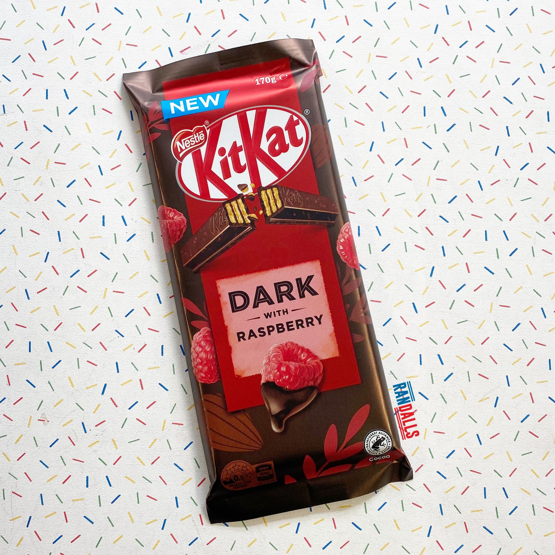 kit kat dark with raspberry, dark chocolate, crispy wafer, chocolate bar, australia, australian, randalls