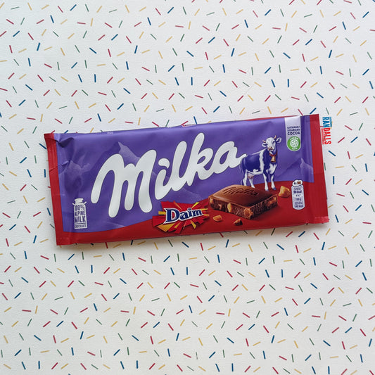 milka daim, milk chocolate bar, crunchy pieces, crispy, eu, randalls