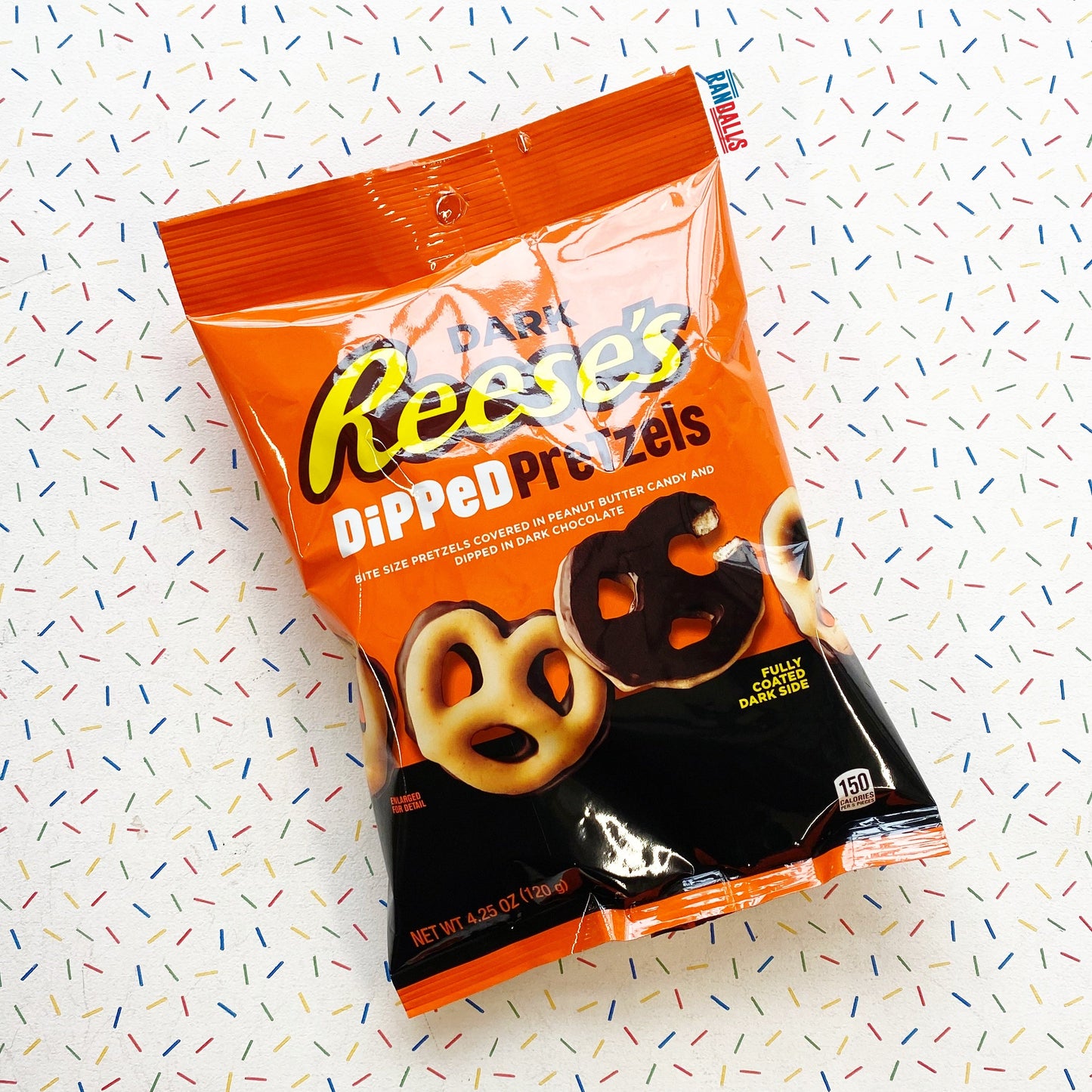 reese's dark dipped pretzels, bite size pretzels covered in peanut butter candy and dipped in  dark chocolate, dark reese's, hershey's, peanut butter chocolate, peanut butter dark chocolate, american chocolate, usa, randalls,