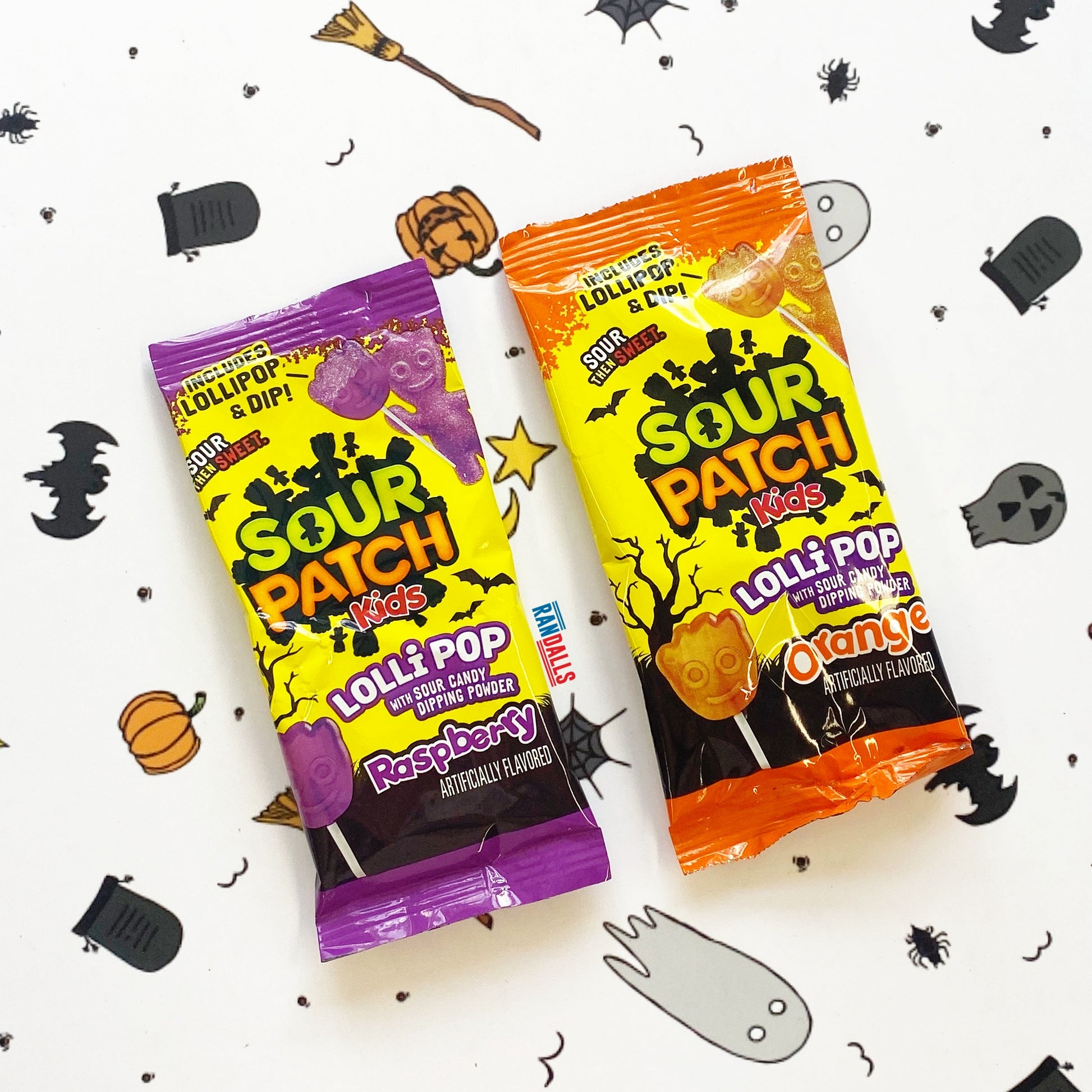 sour patch kids, lollipop with sour candy dipping powder, each pack includes lollipop and dip, trick or treating, raspberry sour patch kids, orange sour patch kids, halloween candy, fall candy, american candy, american halloween, candy, usa, randalls,