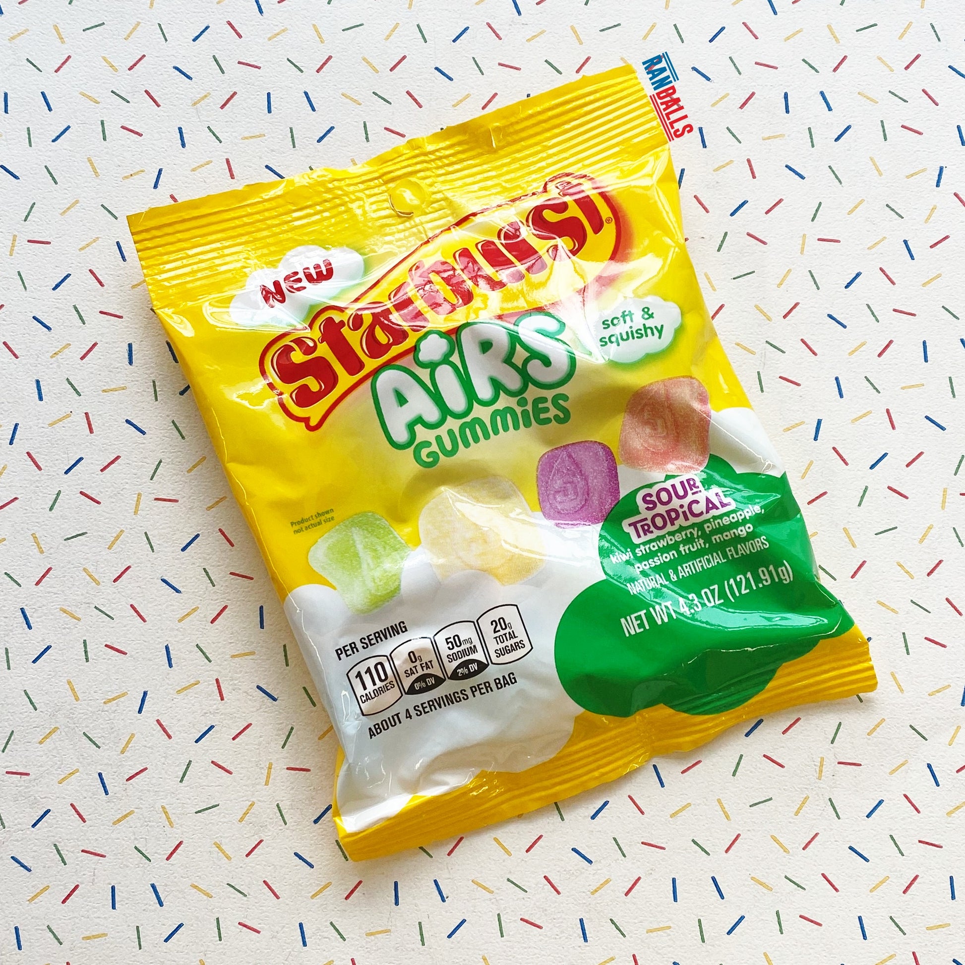 starburst airs gummies sour tropical, chewy, gummy, candy, sweets, lime, lemon, orange, strawberry, pineapple, passion fruit, mango, usa, randalls