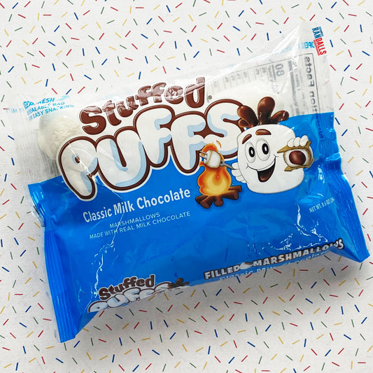 stuffed puffs classic milk chocolate, marshmallows made with real milk chocolate, smores, s'mores, graham crackers, filled marshmallows, usa, randalls,