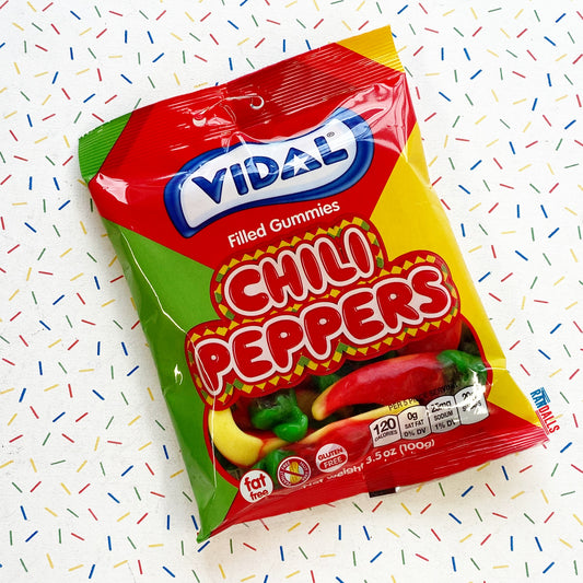vidal chili peppers, chewy, candy, sweets, spicy, hot, spain, spanish, fat, gluten free, filled gummies