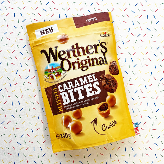 werther's original, blissful caramel bites, crunchy, hershey whoppers, maltesers, german chocolate, caramel cookie bites, werther's, storck, german, randalls,