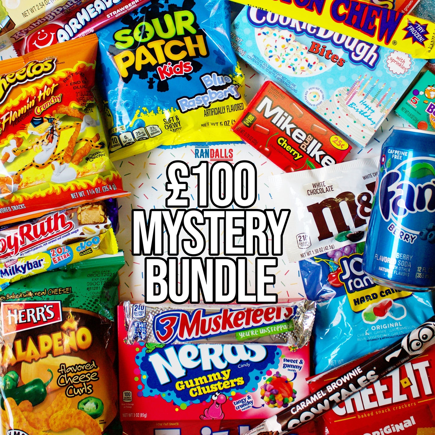 £100 mystery bundle, candy, sweets, chocolate, lollipop, soda, pop, drink, fizzy, crisps, chips, cheese puffs, gift, giftbox, cheetos, sour patch kids, blue raspberry, cookie dough, mike and ike, cherry, m&ms, white chocolate, jolly ranchers, cow tales, brownie, nerds, 3 musketeers, herrs, jalapeno, baby ruth, milkybar choo
