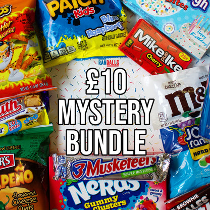 £10 mystery bundle, candy, sweets, chocolate, lollipop, soda, pop, drink, fizzy, crisps, chips, cheese puffs, gift, giftbox, cheetos, sour patch kids, blue raspberry, cookie dough, mike and ike, cherry, m&ms, white chocolate, jolly ranchers, cow tales, brownie, nerds, 3 musketeers, herrs, jalapeno, baby ruth, milkybar choo