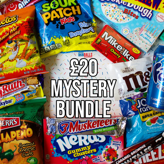 £20 mystery bundle, candy, sweets, chocolate, lollipop, soda, pop, drink, fizzy, crisps, chips, cheese puffs, gift, giftbox, cheetos, sour patch kids, blue raspberry, cookie dough, mike and ike, cherry, m&ms, white chocolate, jolly ranchers, cow tales, brownie, nerds, 3 musketeers, herrs, jalapeno, baby ruth, milkybar choo