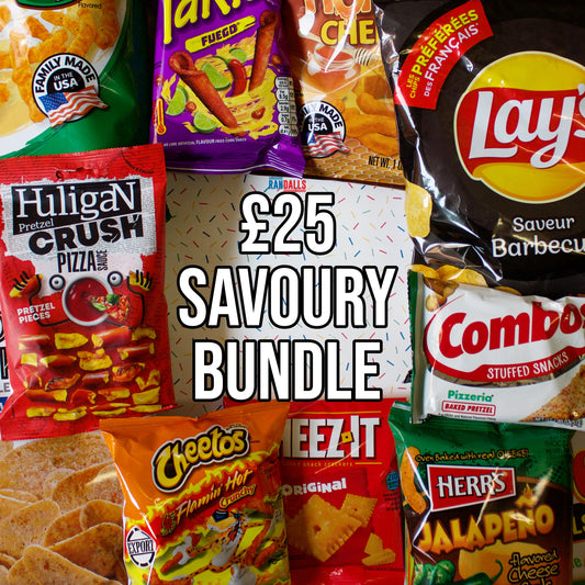 £25 randalls savoury bundle, crisps, chips, crackers, cheese puffs, tortilla chips, corn, herrs cheestix, takis fuego, herrs honey cheese, lays barbecue, bbq, combos stuffed pretzels, jalapeno, cheez-its, cheetos, flamin hot, tgifridays, huligan, pizza, hot, spicy