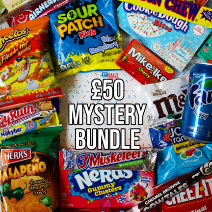 £50 mystery bundle, candy, sweets, chocolate, lollipop, soda, pop, drink, fizzy, crisps, chips, cheese puffs, gift, giftbox, cheetos, sour patch kids, blue raspberry, cookie dough, mike and ike, cherry, m&ms, white chocolate, jolly ranchers, cow tales, brownie, nerds, 3 musketeers, herrs, jalapeno, baby ruth, milkybar choo, fanta, cheez-it, krabby patties, airheads