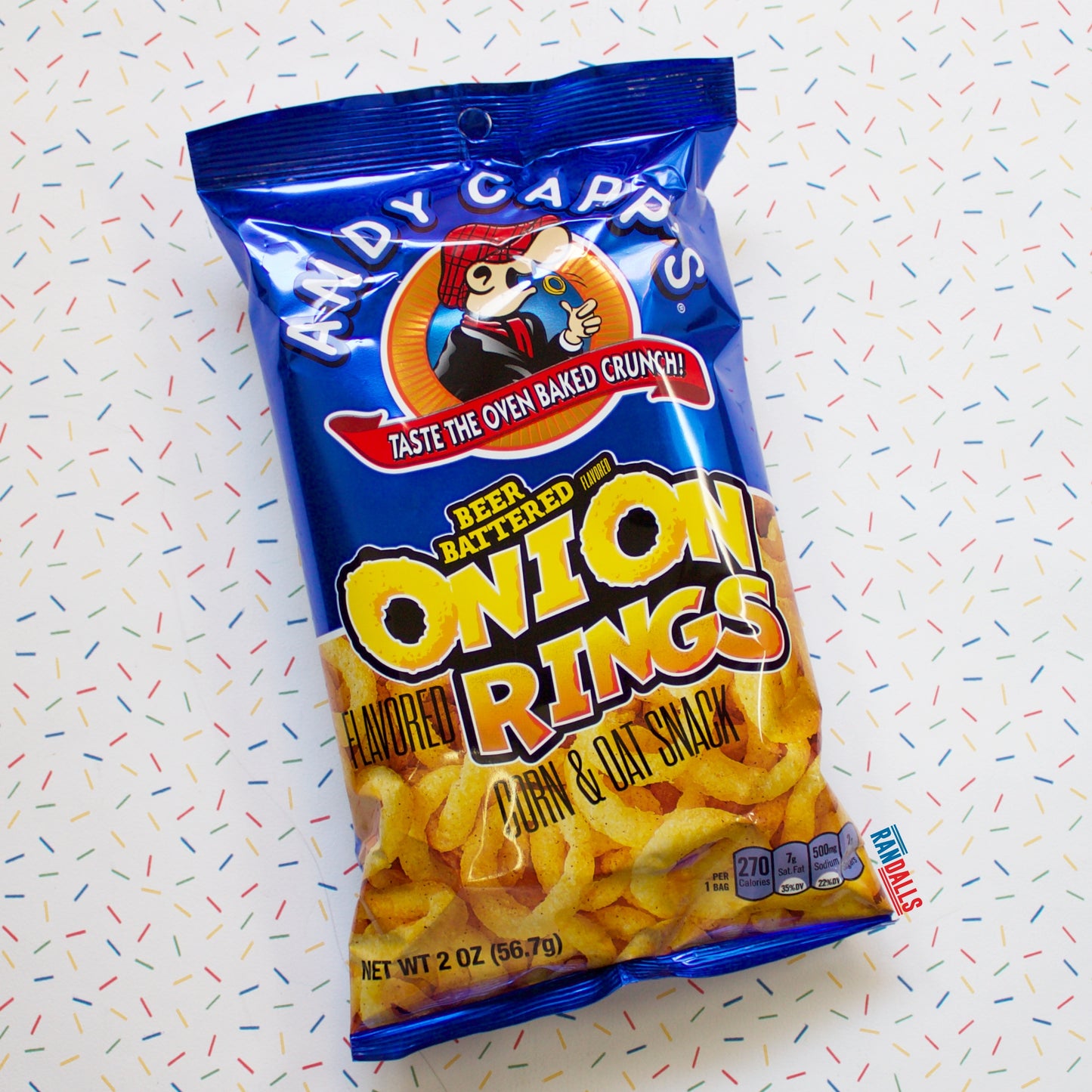 andy capps beer battered onion rings, corn and oat snack, crispy, chips, crisps, usa, randalls