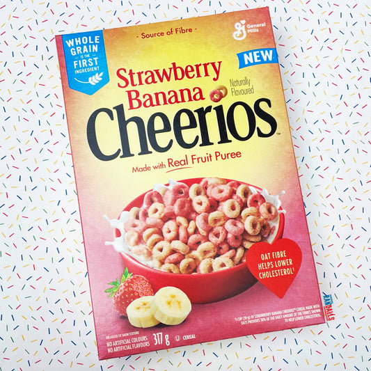 cheerios strawberry banana cereal, canada, breakfast, real fruit puree, wholegrain oats, fibre, canada, canadian, randalls