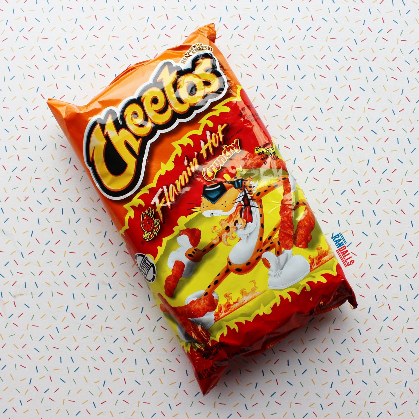 cheetos flamin' hot, cheese puffs, crisps, chips, spicy, hot, randalls