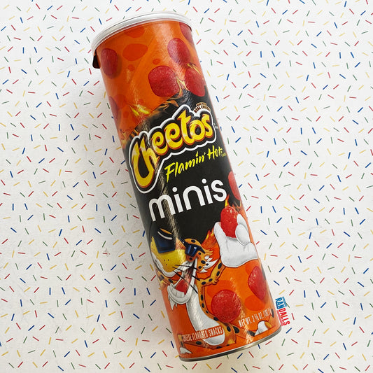 cheetos minis flamin' hot, spicy, cheese puffs, crisps, chips, tube, randalls
