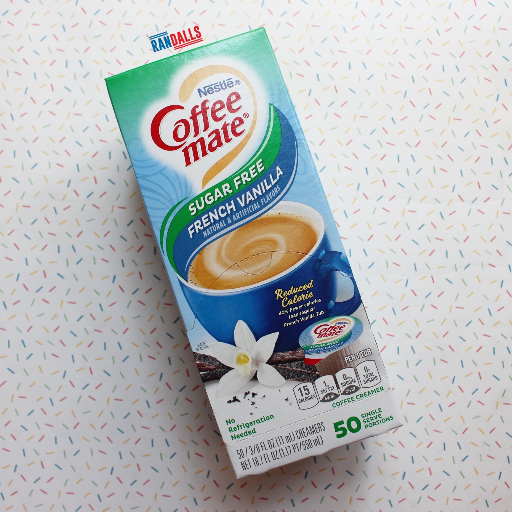 coffee-mate french vanilla sugar free, coffeemate, coffee mate, uht, milk, nestle, box of 50, randalls