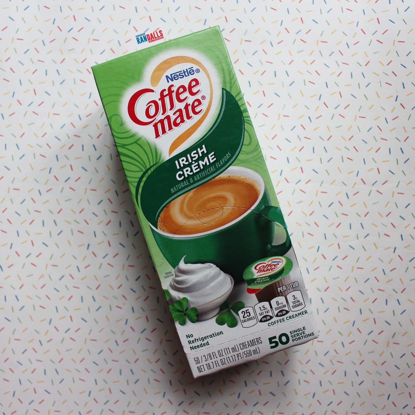 coffee-mate irish creme, coffeemate, coffee mate, uht, milk, nestle, box of 50, randalls