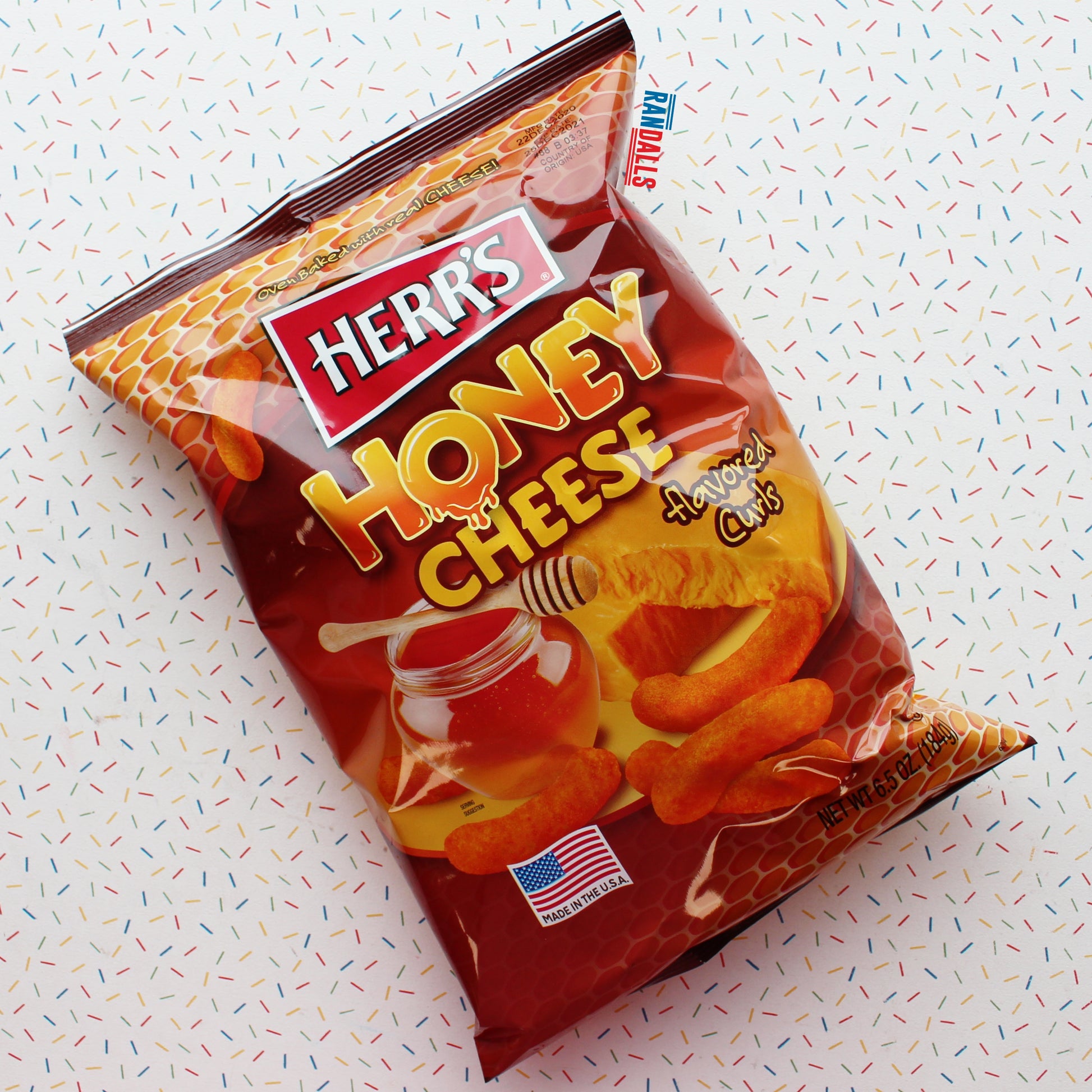 herrs honey cheese flavoured cheese curls large, cheese puffs, crisps, chips, usa, randalls
