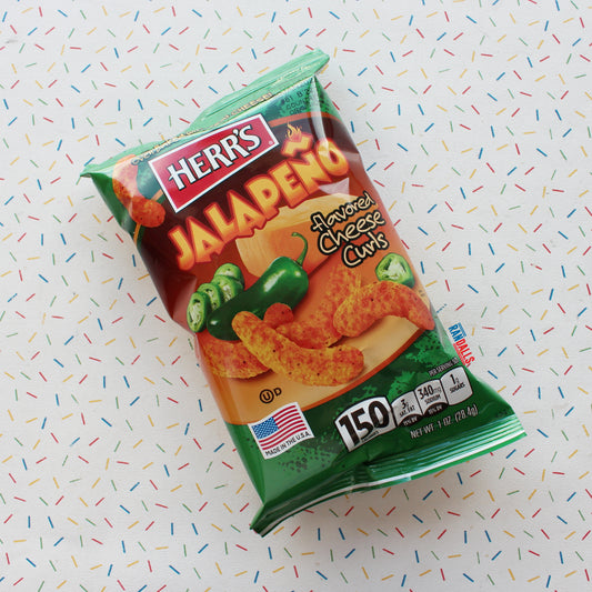 herr's, herrs, jalapeno flavoured cheese curls, cheese puffs, spicy crisps, chips, cheese, usa, randalls