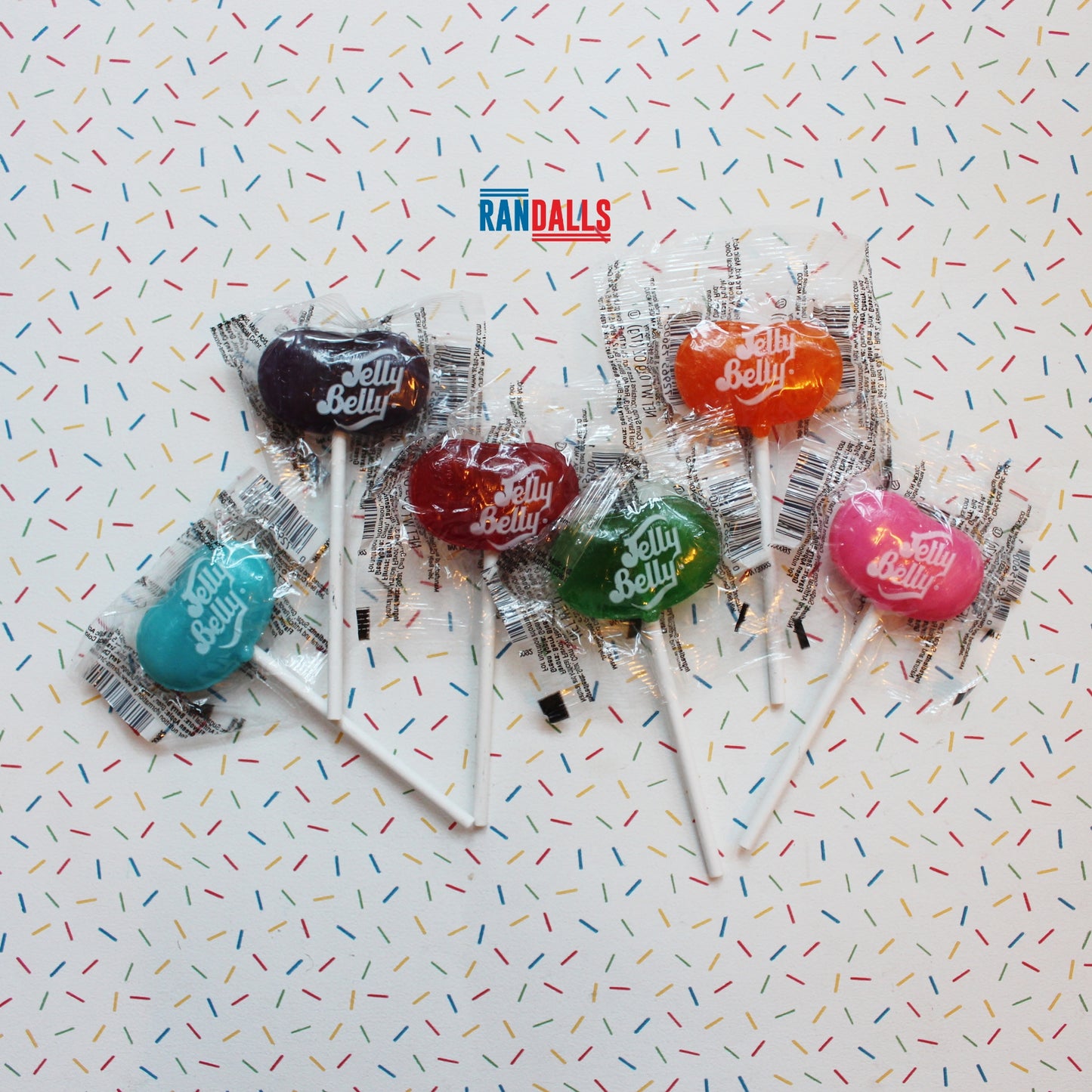 jelly belly lollipops, hard candy, berry blue, grape, cherry, green apple, tangerine, bubblegum, usa, randalls
