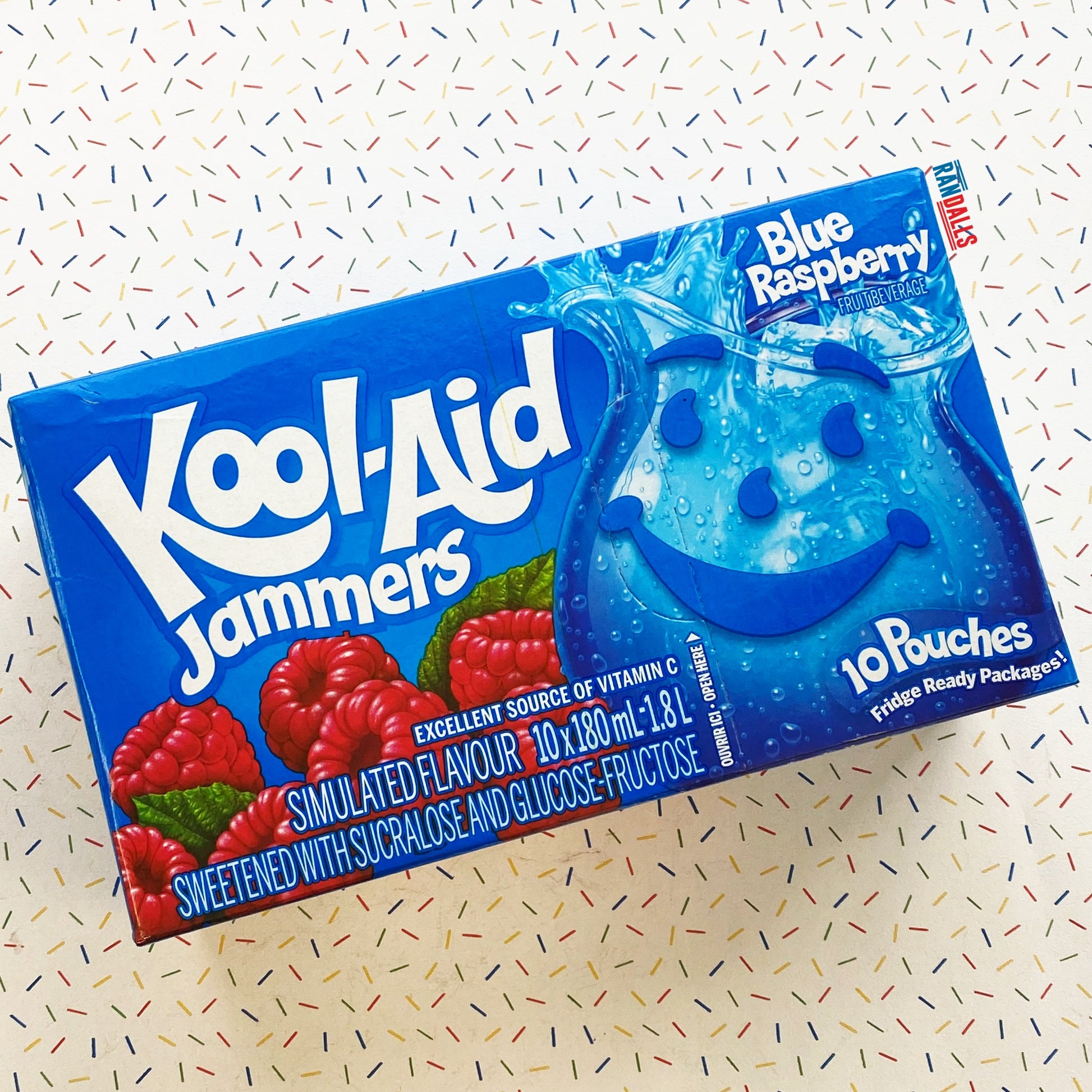 kool-aid jammers pouches box blue raspberry, fruit juice, 10 pouches, soda, pop, usa, randalls
