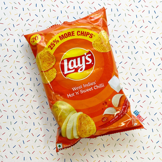 lays west indies' hot 'n' sweet chilli, crisps, chips, potato, ridged crisps, paneer, india, indian, randalls, chilli flakes