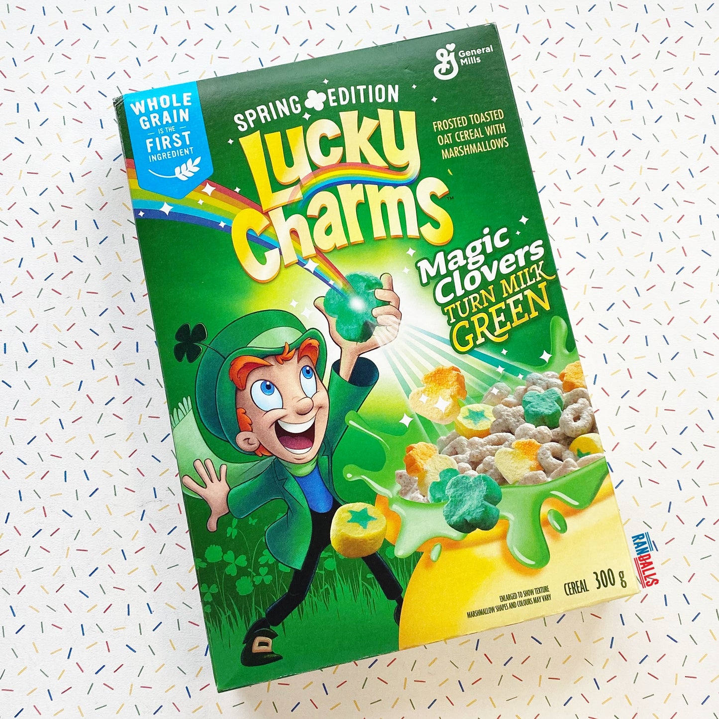 lucky charms magic clovers, cereal, marshmallow, green milk, breakfast, sugar, wholegrain, randalls
