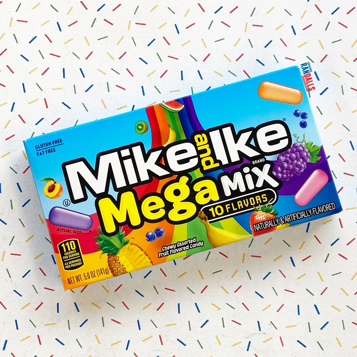 mike and ike mega mix, pineapple, strawberry, peach, blueberry, kiwi, watermelon, grape, mango, banana, lime, chewy, candy, sweet, chew, box, randalls