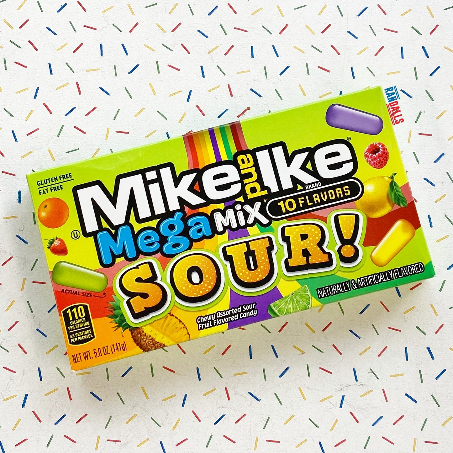 mike & ike mega mix sours, 10 flavours, orange, strawberry, fat free, gluten free, pineapple, lime, lemon, raspberry, chewy candy, sweets, gummy, usa, randalls