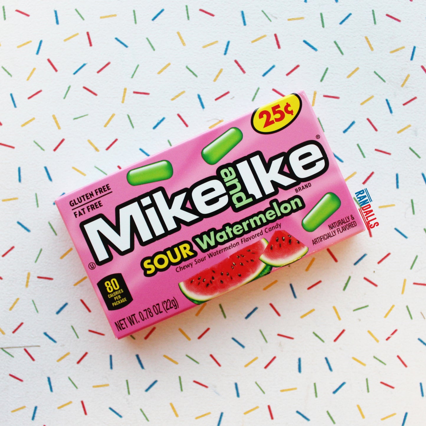 mike and ike sour watermelon mini box, chewy candy, sweets, usa, gluten free, fat free, usa, randalls