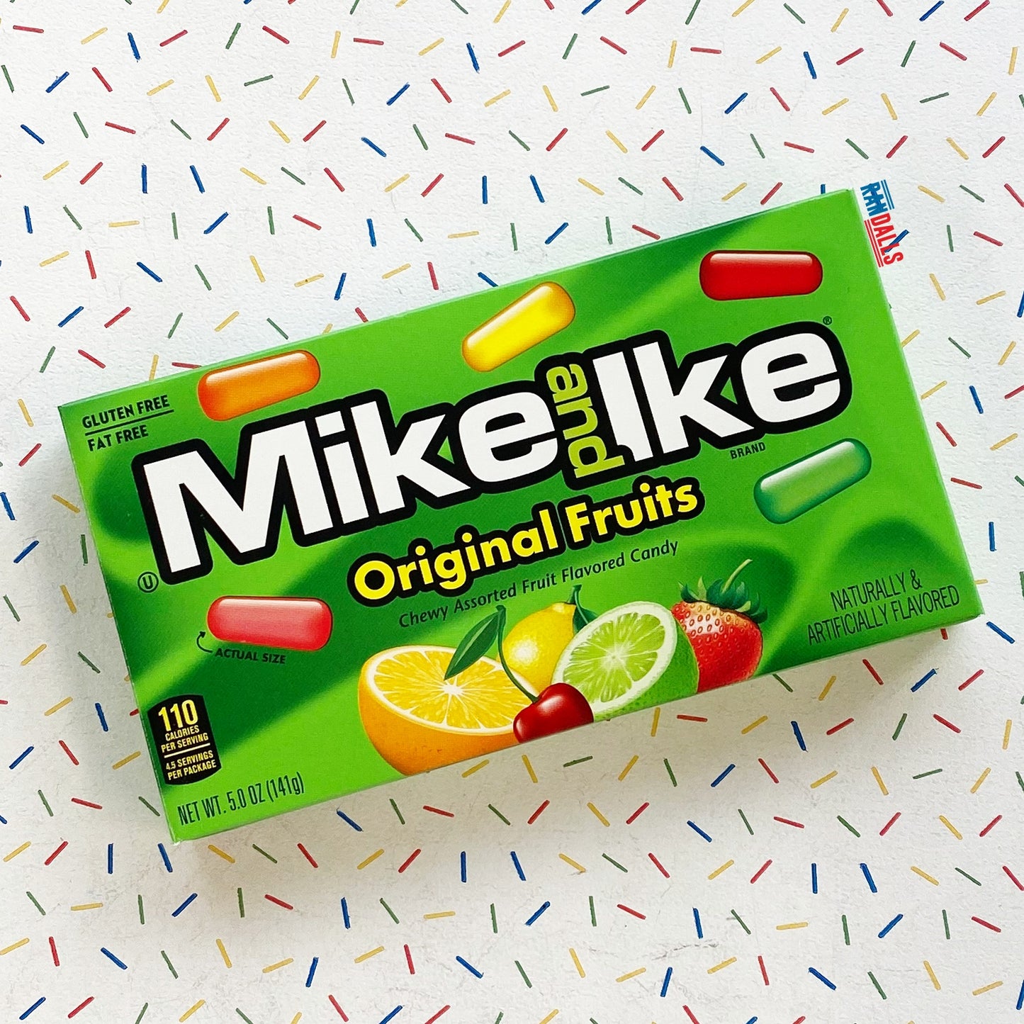 mike and ike original fruits, box, assorted fruit sweets, chewy sweets, fruit flavoured, gluten free, fat free, cherry, lemon, strawberry, lime, orange, randalls
